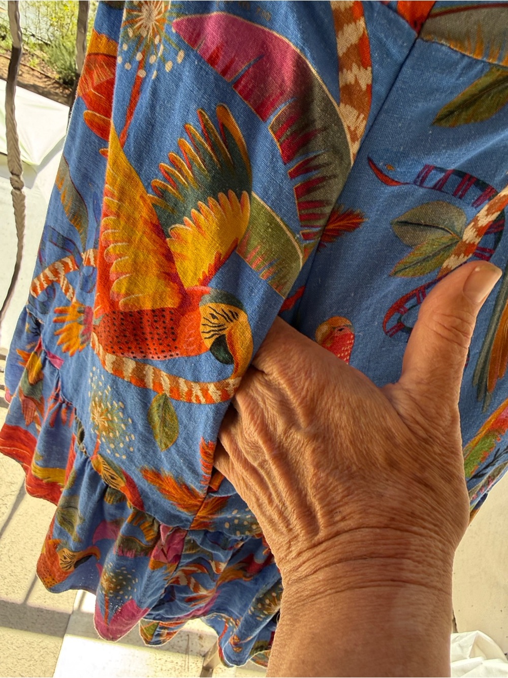 Farm Rio dress mini Blue pockets Tropical parrots Sundress linen-Ruffle hem - XL - Picture 5 of 17